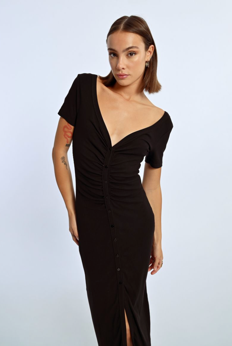 ruched v neck dress Elegant Plus Size Ruched V-Neck Bodycon Dress for Romantic Parties and Canary Houze