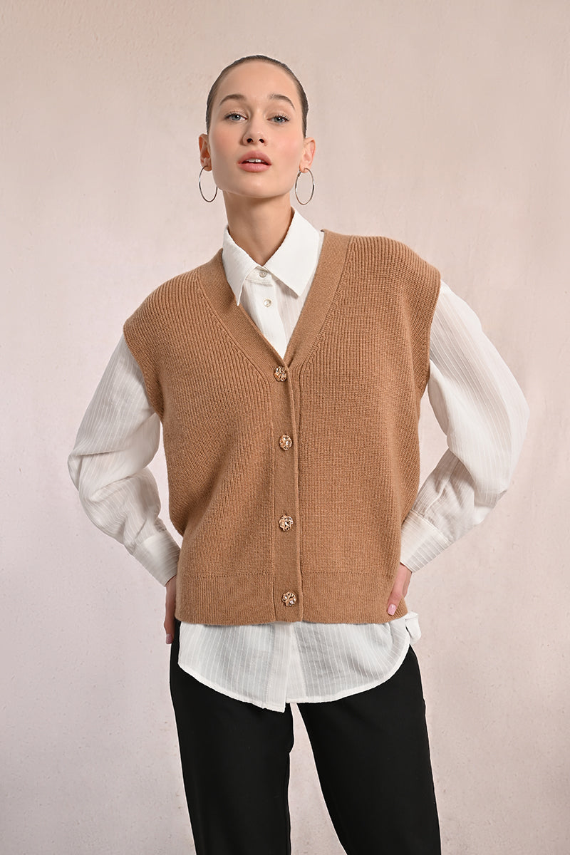 Ladies Knitted Sleeveless Cardigan Camel / S