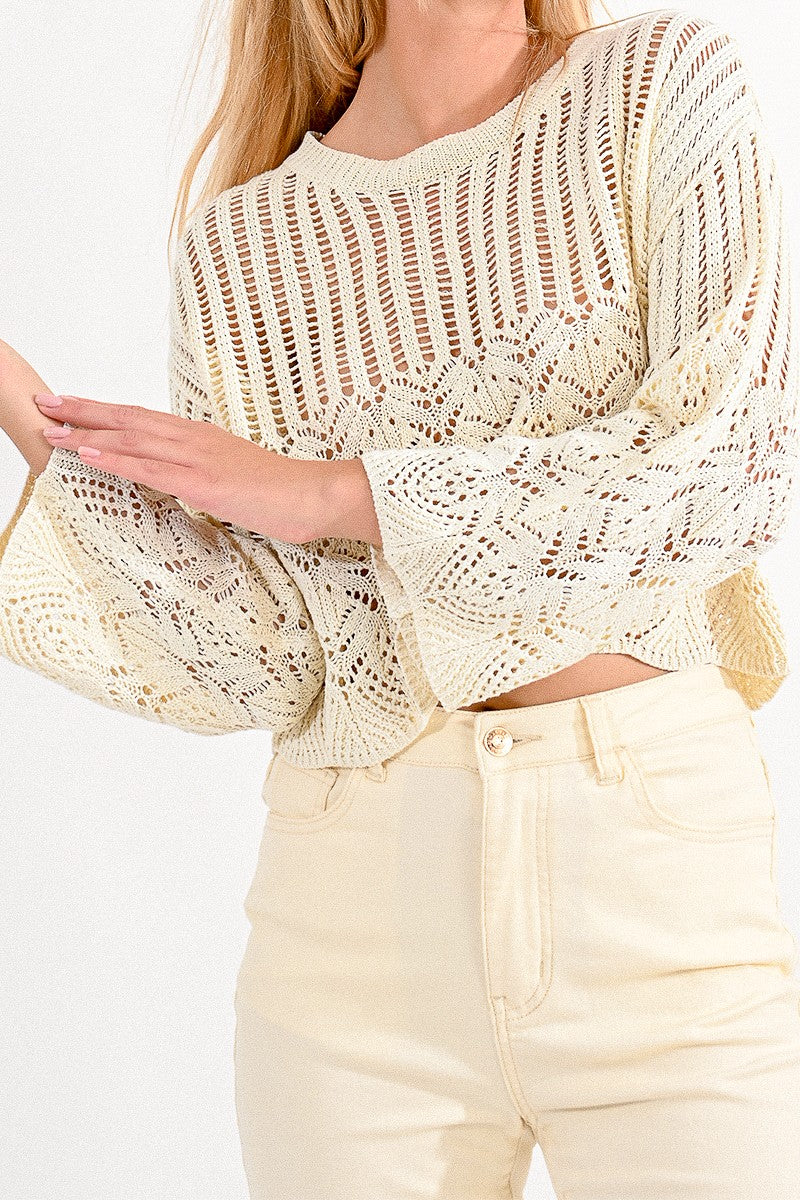 Cropped Pointelle Knit Sweater