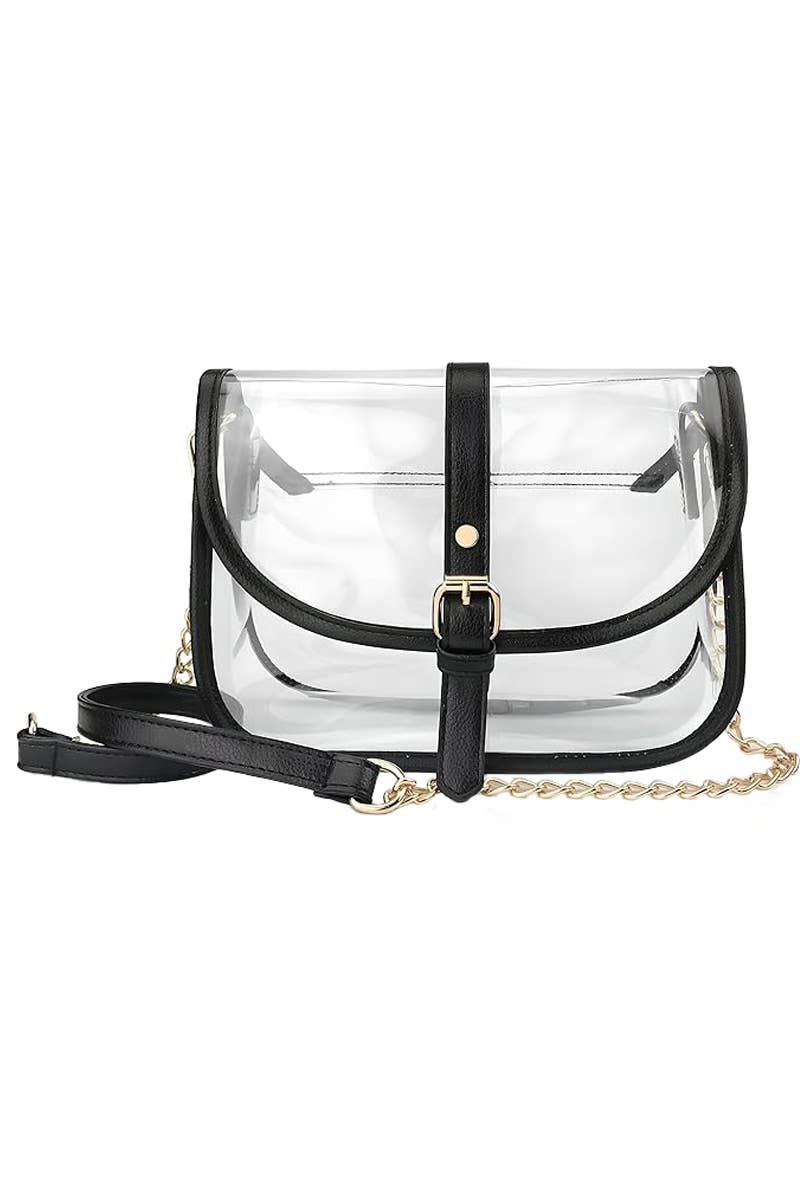 Faux Leather Trim Clear PVC Front Flap Purse Bag: Black  display picture 1