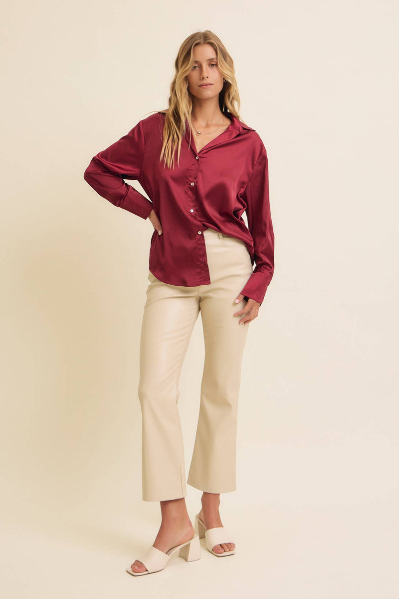 Button Down Satin Shirt- Burgundy