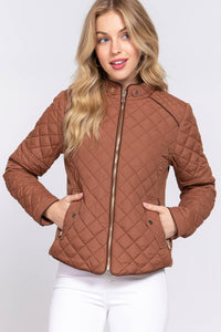 Suede Piping Detail Rib Quilted Padding Jacket