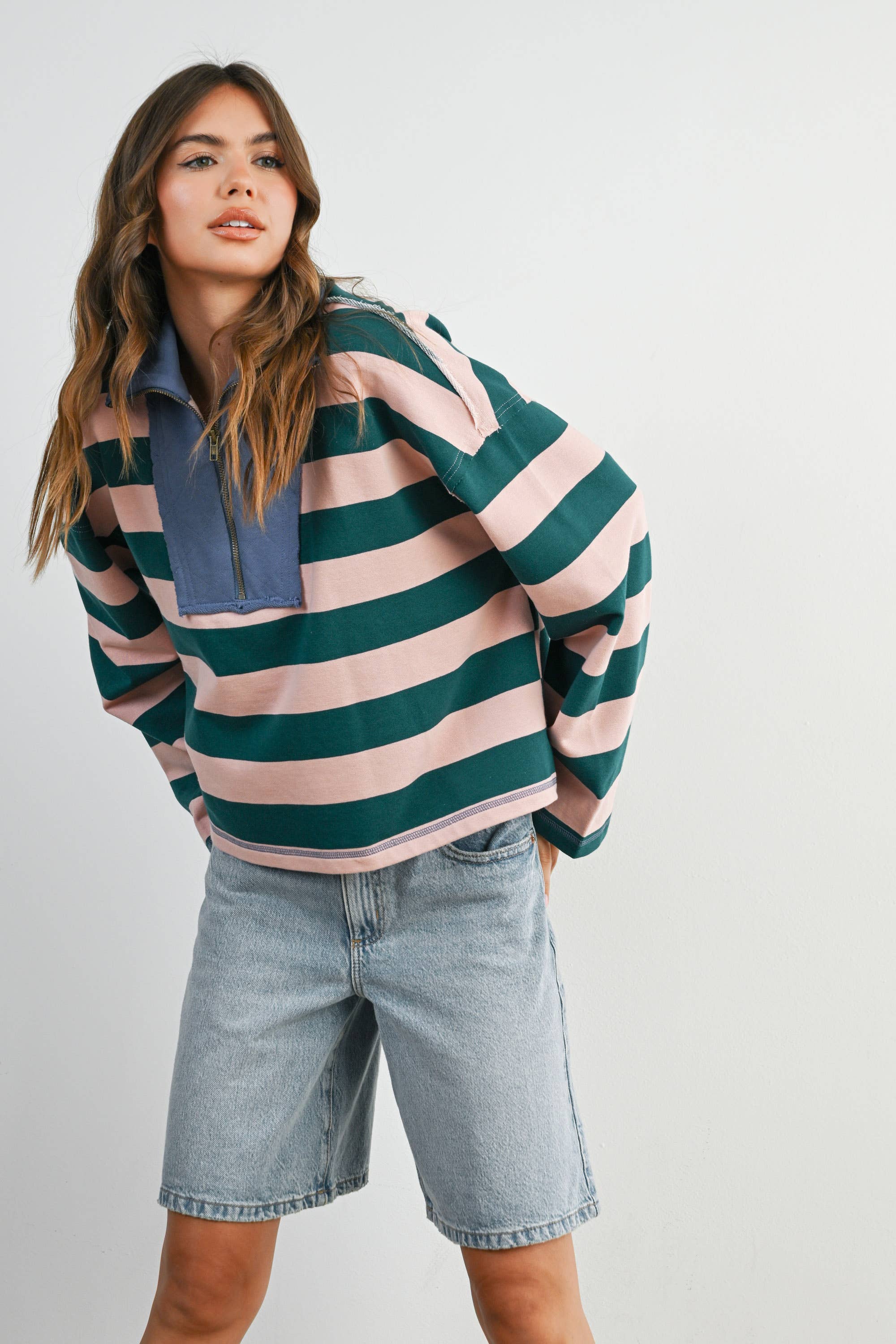 Striped Quarter-Zip Contrast Collar Top