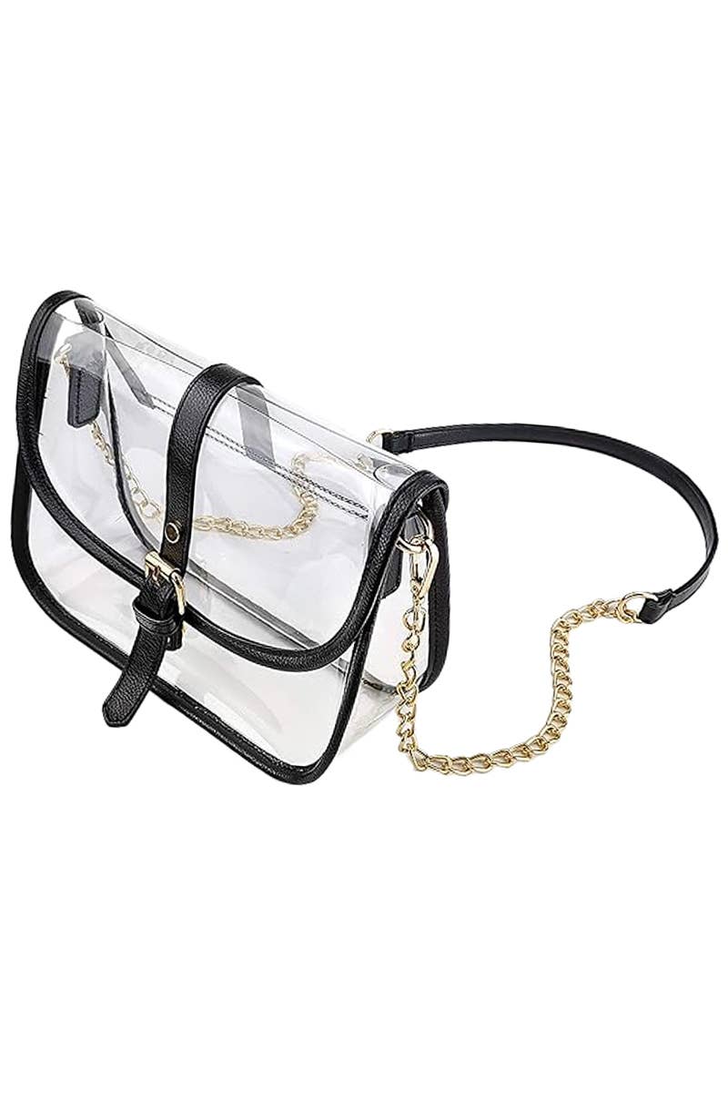 Faux Leather Trim Clear PVC Front Flap Purse Bag: Black