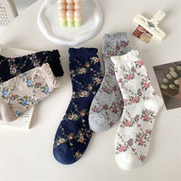 5 Pairs Women Casual Rolled Cuff Floral Socks
