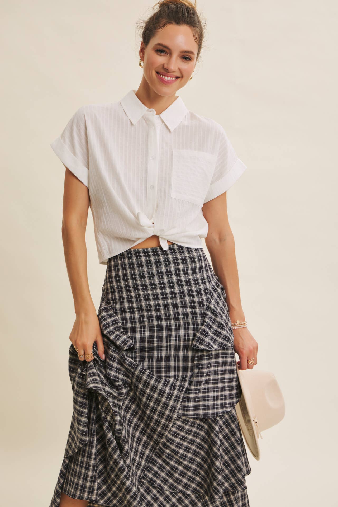 Cropped Short Sleeve Button Down Shirt