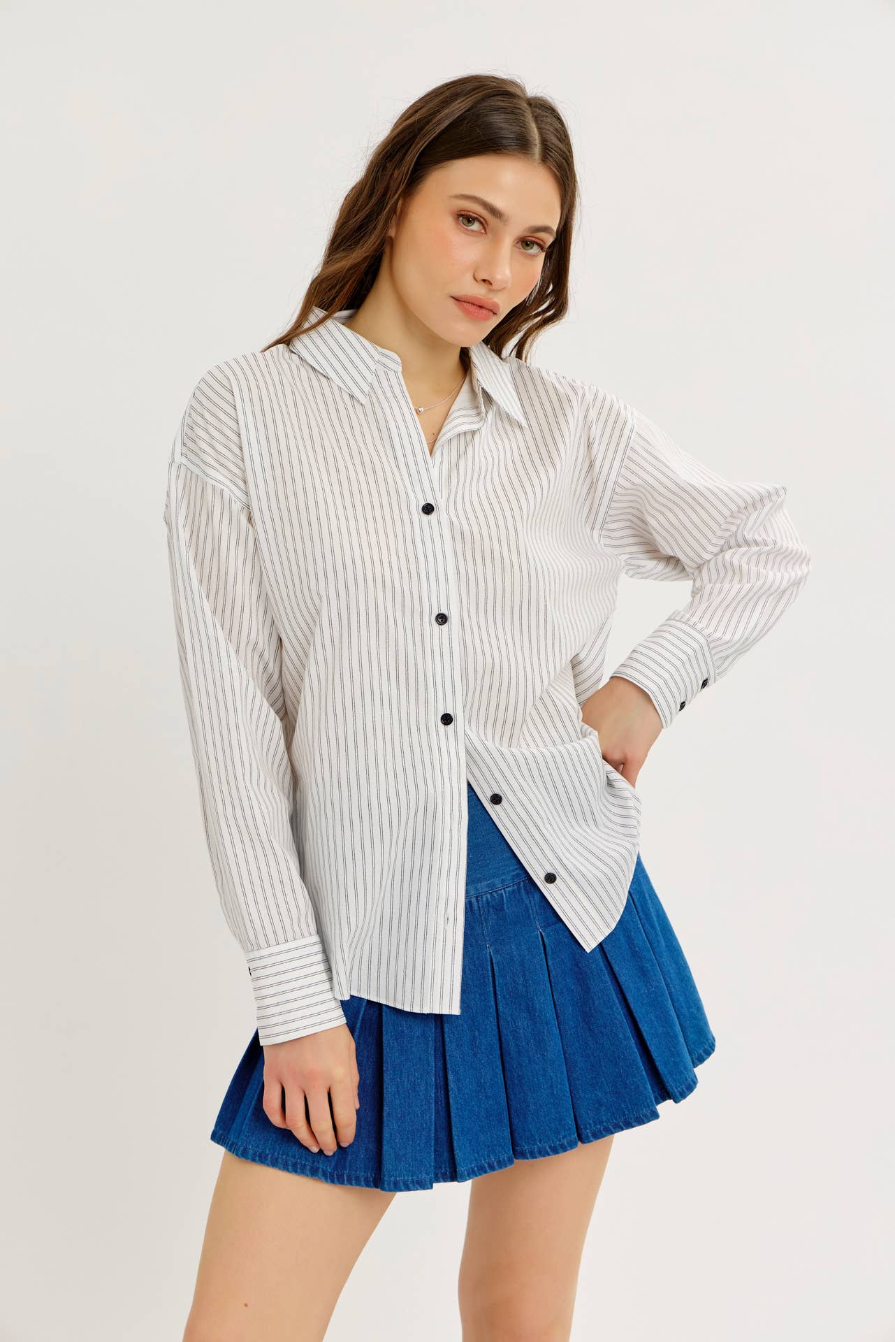 COTTON STRIPE BUTTON-DOWN SHIRT WITH LAPEL COLLAR
