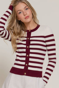 Long Sleeve Crew Neck Stripe Sweater Cardigan