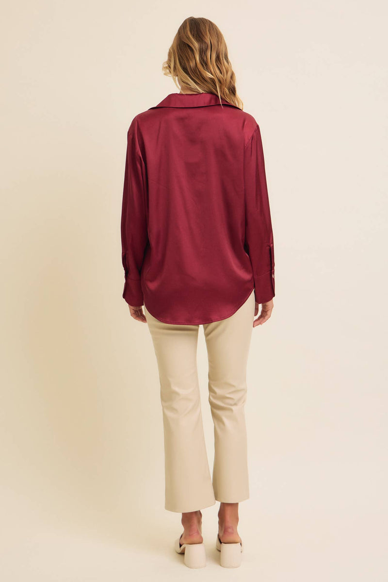 Button Down Satin Shirt- Burgundy