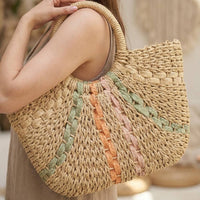 Striped Straw Weave Round Rope Handle Tote Bag