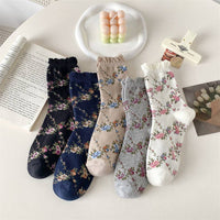 5 Pairs Women Casual Rolled Cuff Floral Socks