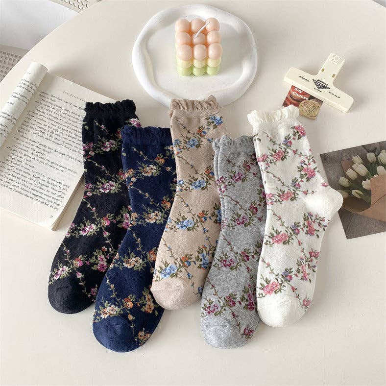 5 Pairs Women Casual Rolled Cuff Floral Socks