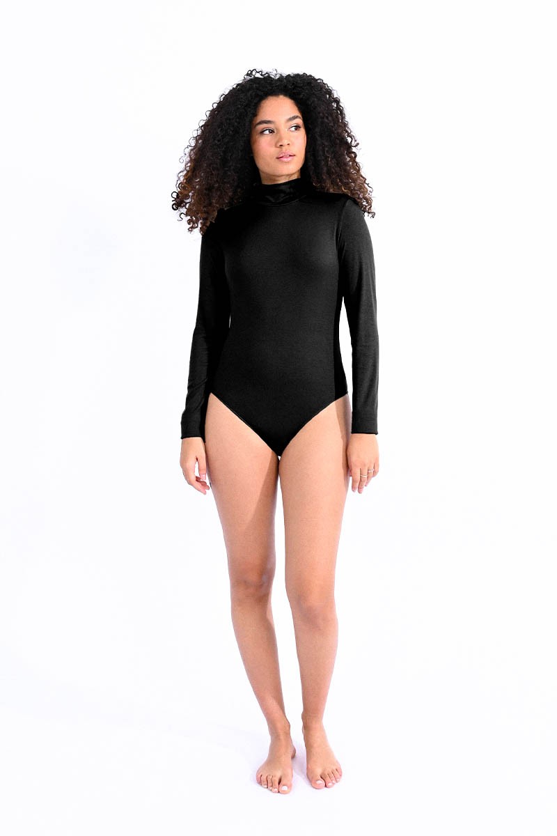 High Neck Long Sleeve Bodysuit - Black