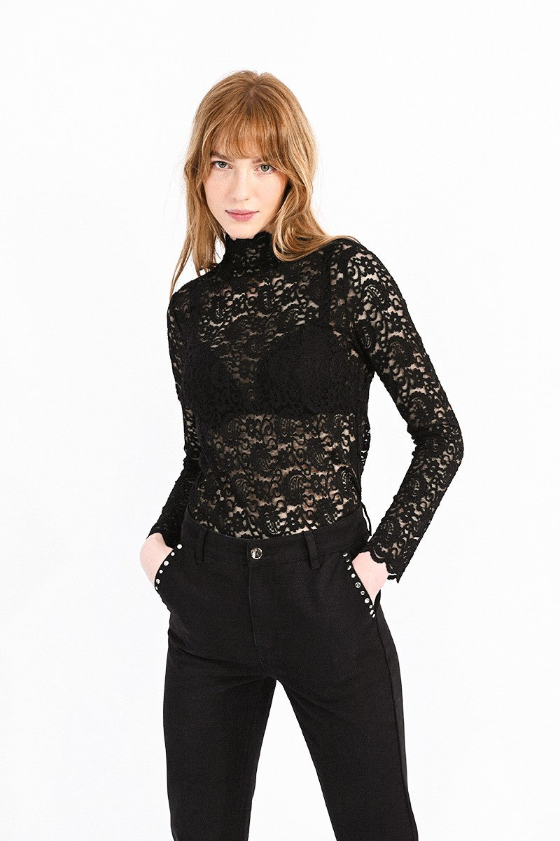 Black Lace High Neck Long Sleeve Top