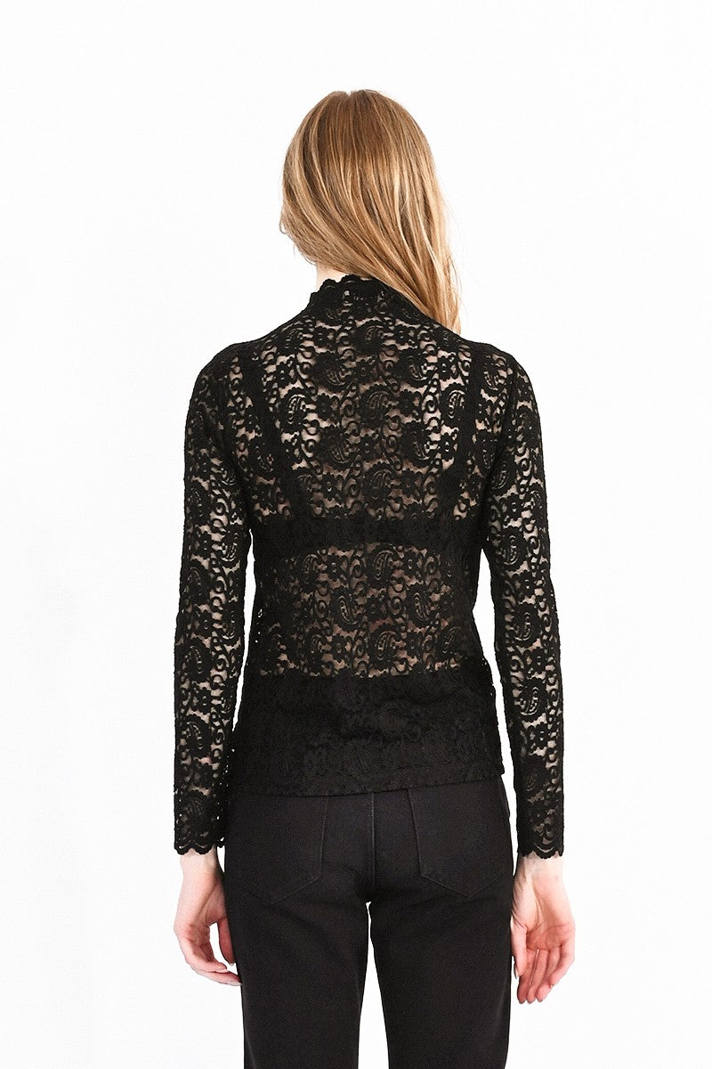 Black Lace High Neck Long Sleeve Top