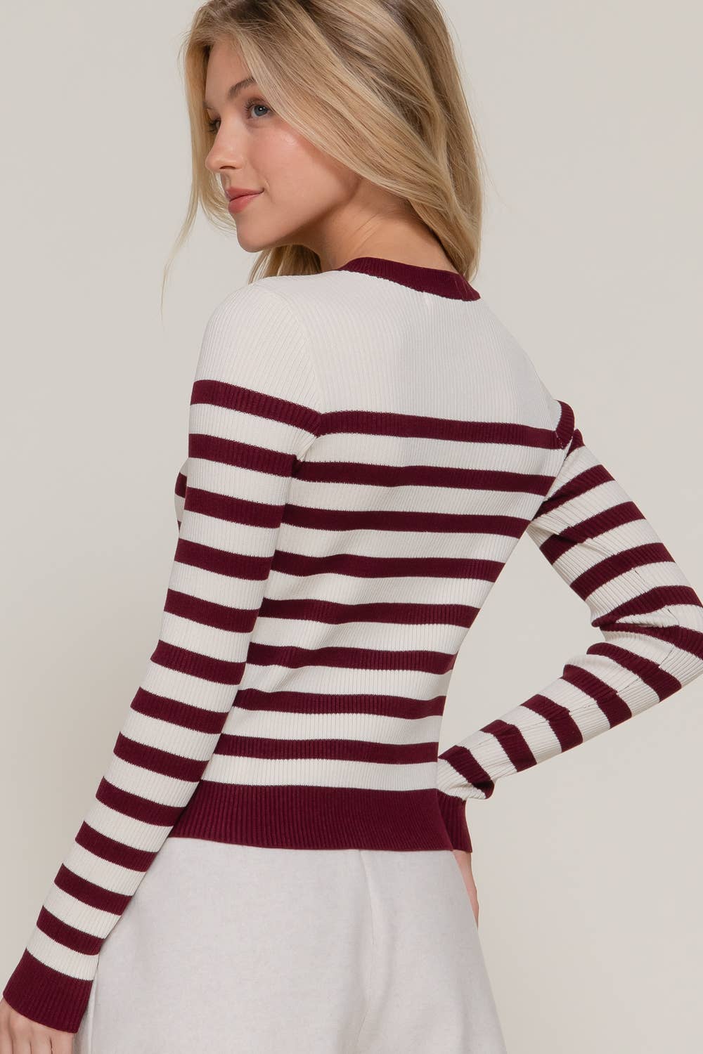 Long Sleeve Crew Neck Stripe Sweater Cardigan