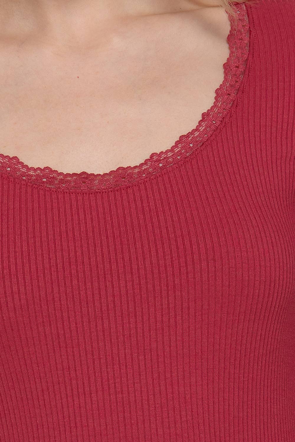 Long Sleeve Scoop Neck with Lace Trim Rib Knit Top