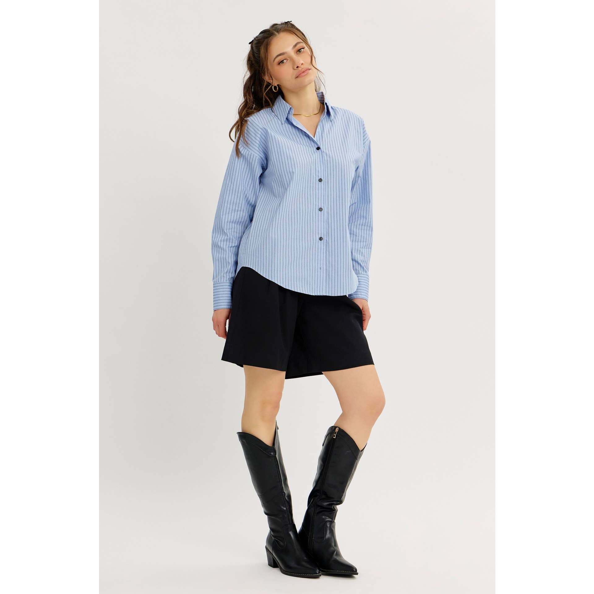 COTTON STRIPE BUTTON-DOWN SHIRT WITH LAPEL COLLAR