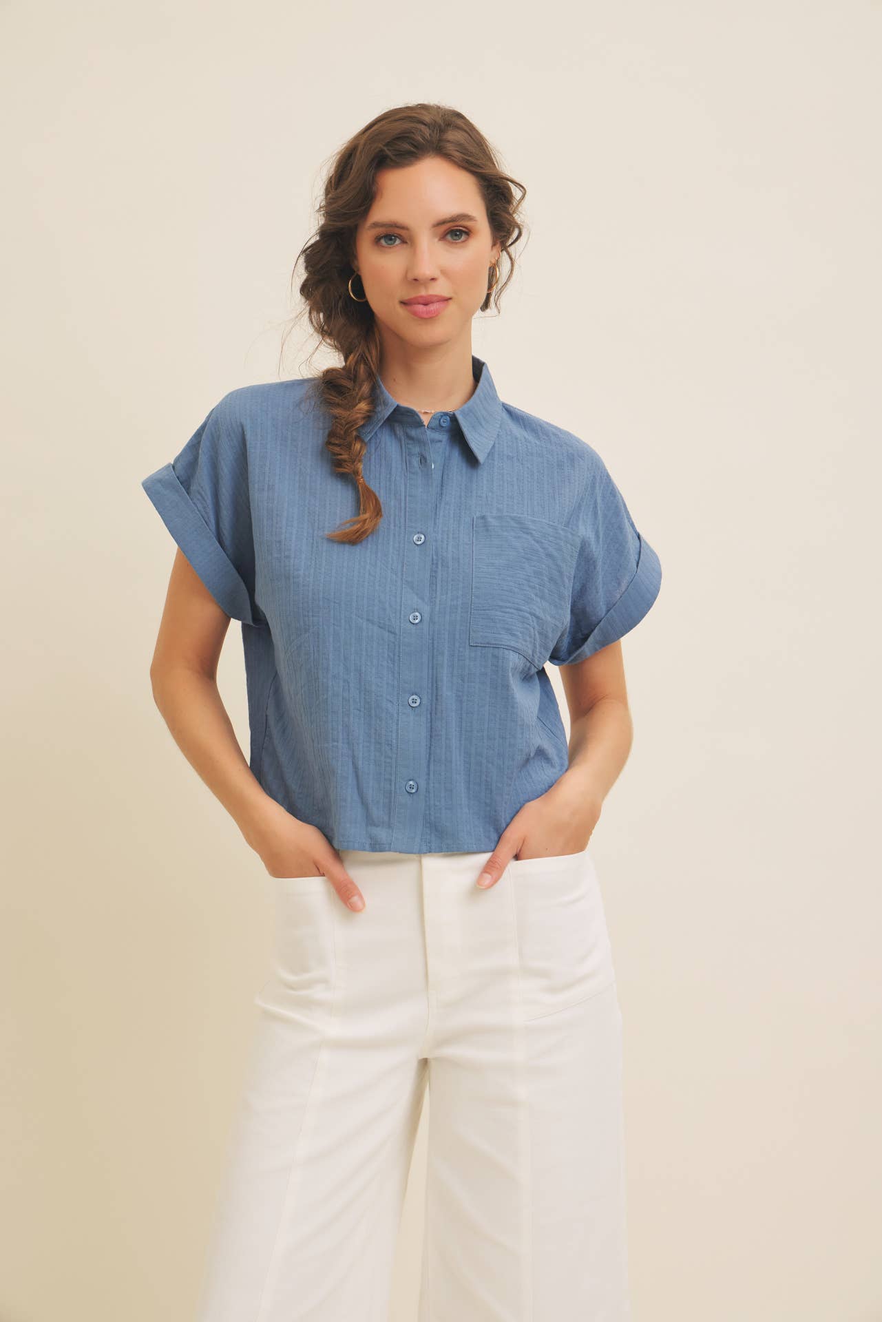 Cropped Short Sleeve Button Down Shirt