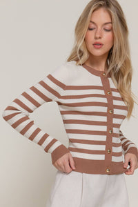Long Sleeve Crew Neck Stripe Sweater Cardigan