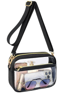 Quilted Durable Clear PVC Crossbody Messenger Bag: Black