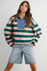 Striped Quarter-Zip Contrast Collar Top