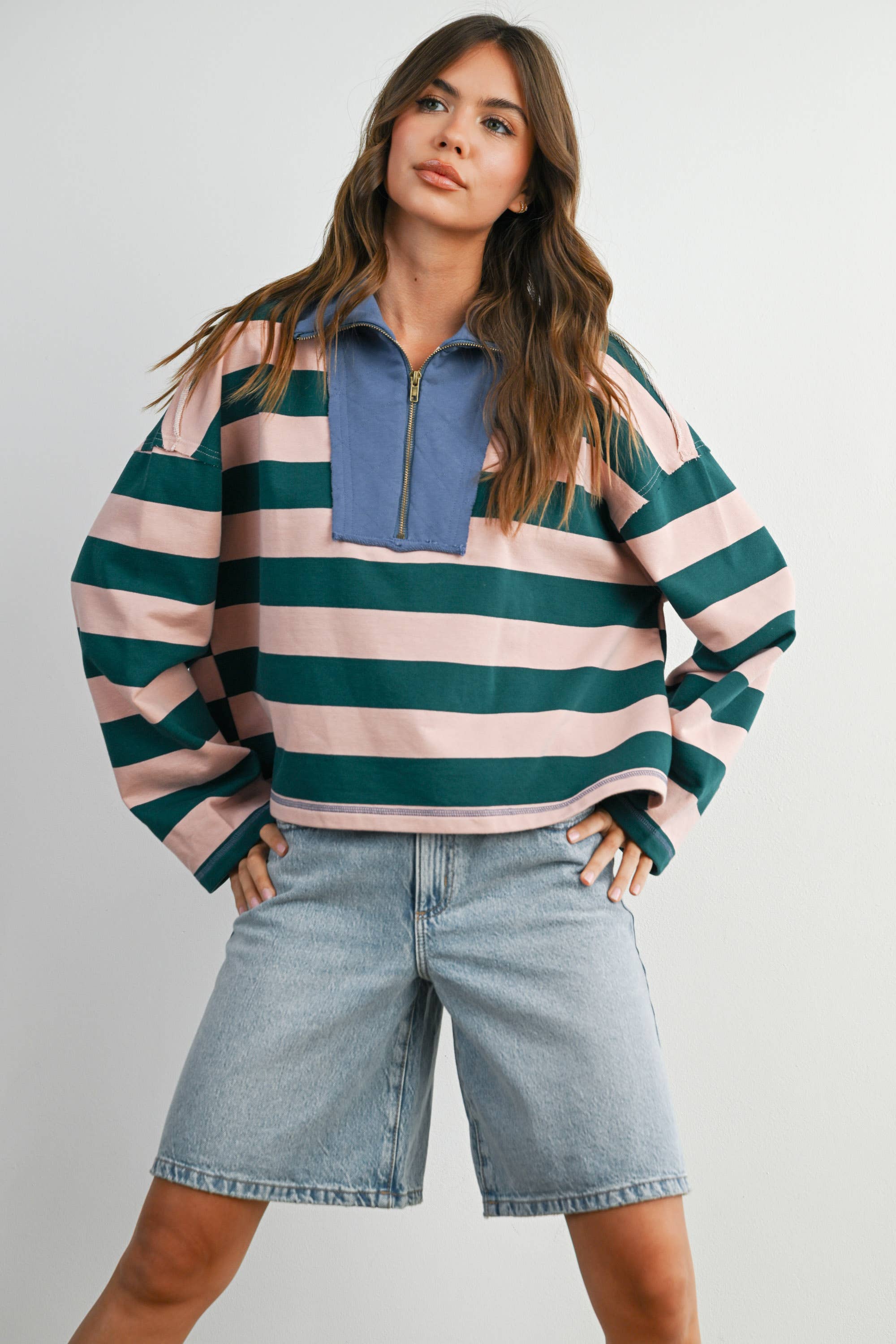 Striped Quarter-Zip Contrast Collar Top
