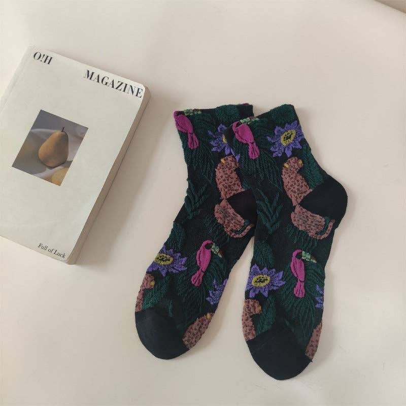 5 Pairs Vintage Embossed Floral Crew Socks