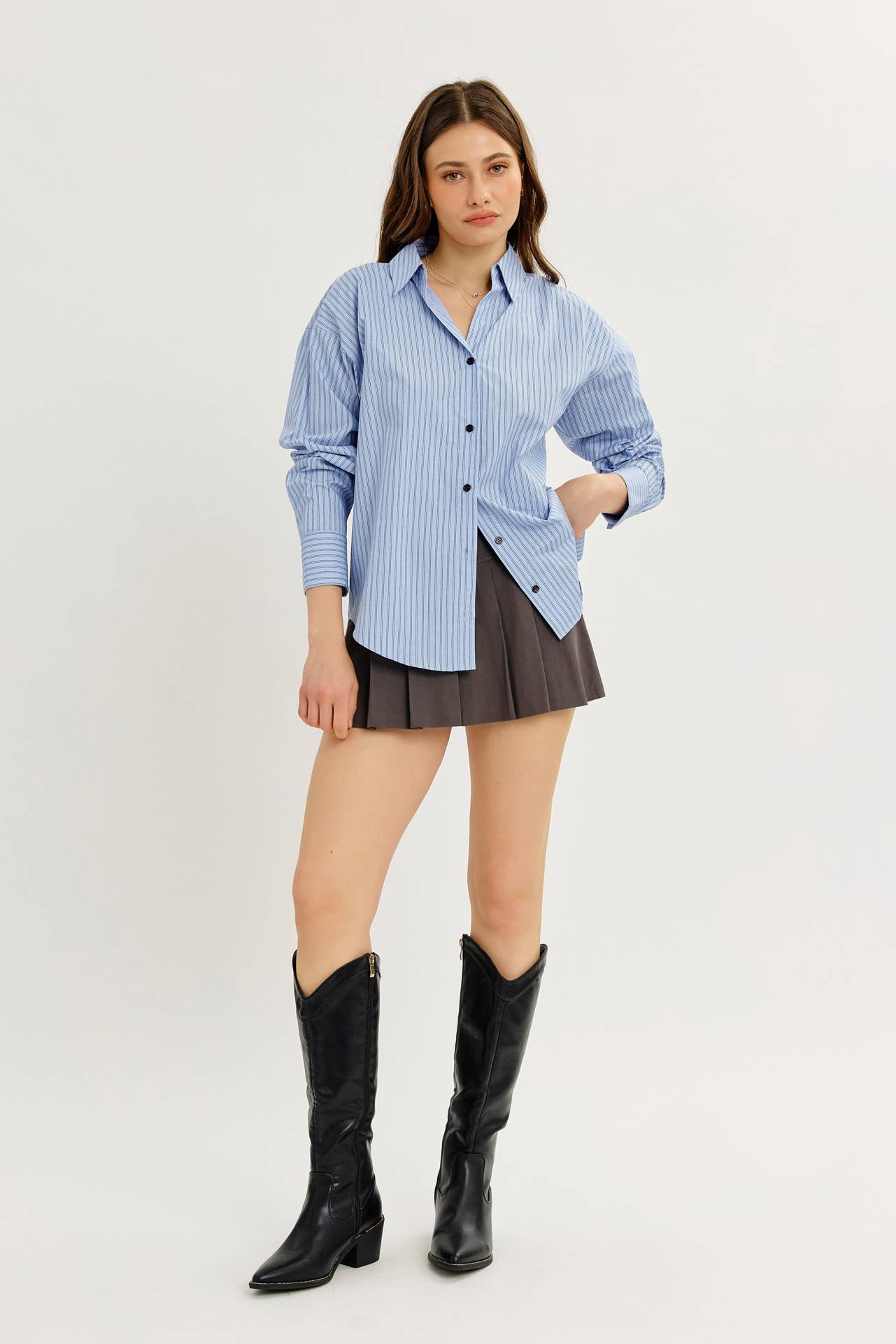 COTTON STRIPE BUTTON-DOWN SHIRT WITH LAPEL COLLAR
