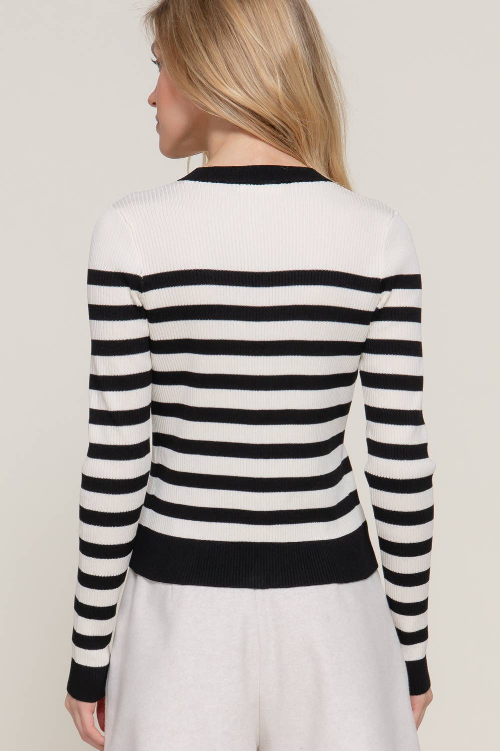Long Sleeve Crew Neck Stripe Sweater Cardigan