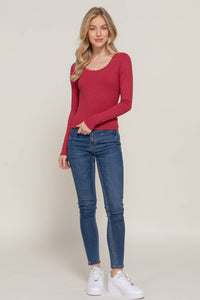 Long Sleeve Scoop Neck with Lace Trim Rib Knit Top