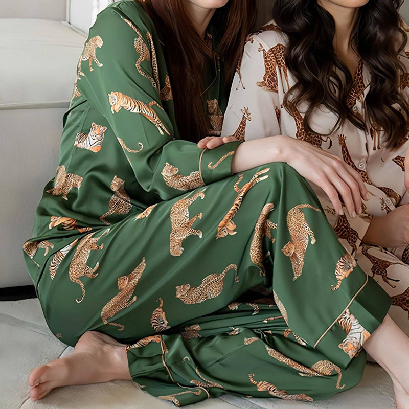 tiger lily pyjamas Anna-Kaci Lounge Women's Long Sleeve Button Front Pajama Set with Tiger Print and Satin Finish, Medium 8-10 / Olive Green