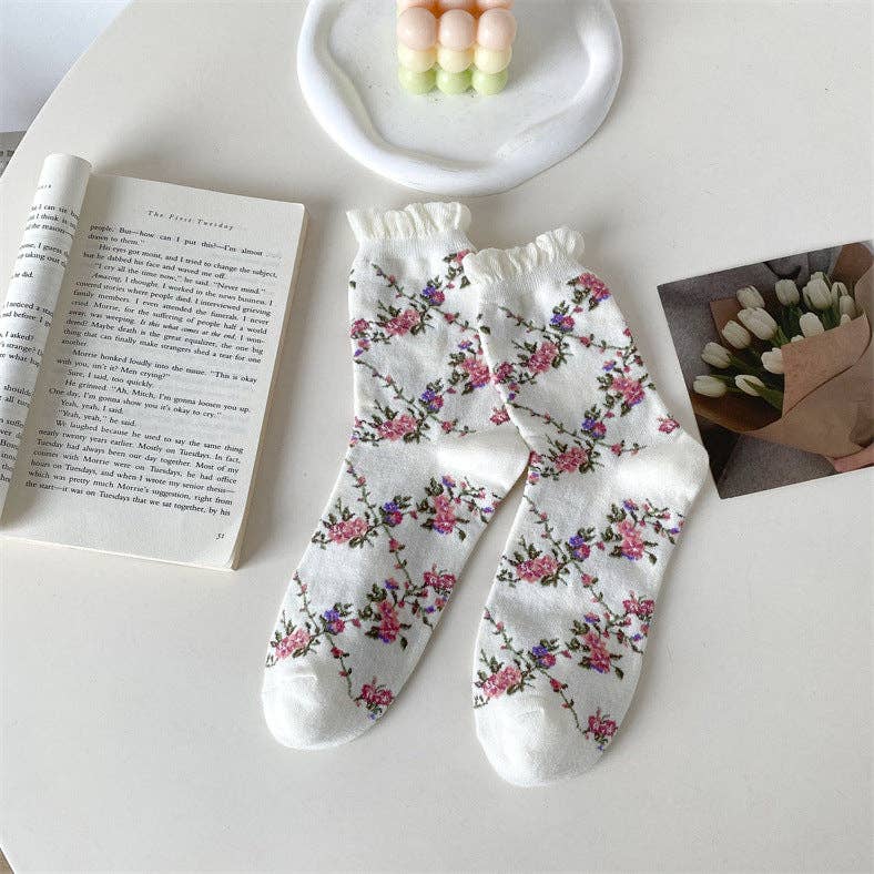 5 Pairs Women Casual Rolled Cuff Floral Socks