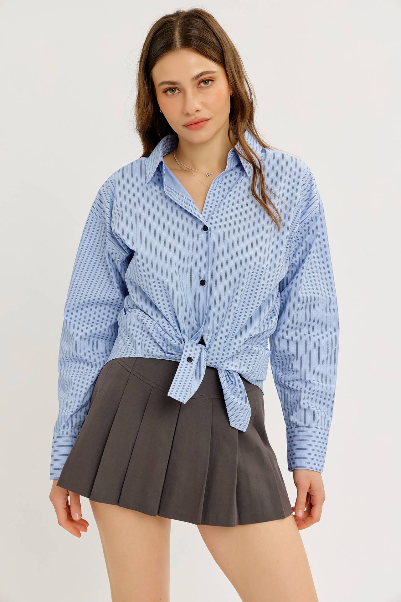 COTTON STRIPE BUTTON-DOWN SHIRT WITH LAPEL COLLAR