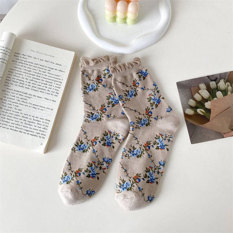 5 Pairs Women Casual Rolled Cuff Floral Socks