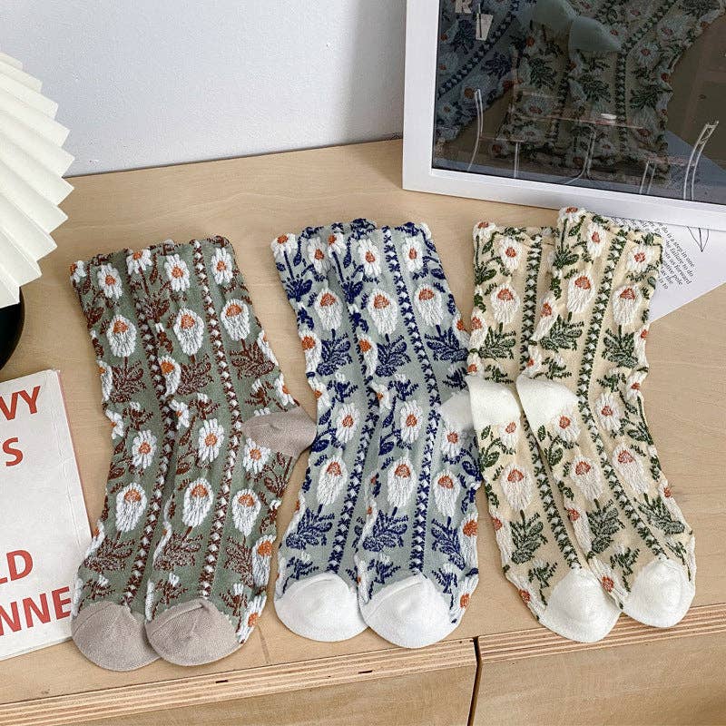 Vintage Style Floral Crew Socks (5 Pairs)