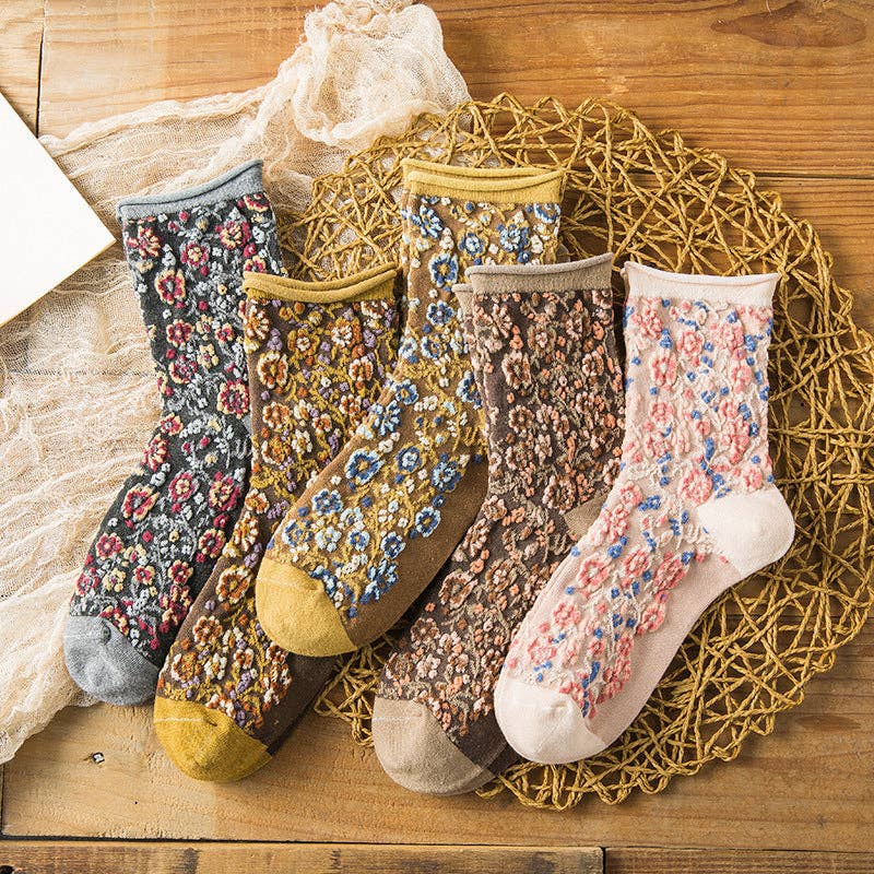 Vintage Floral Printed Socks (5 Pairs)