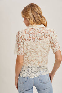 Sheer Embroidered Pearl Button Down Top