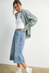 Striped Button-Up Collared Long Sleeve Top - Green