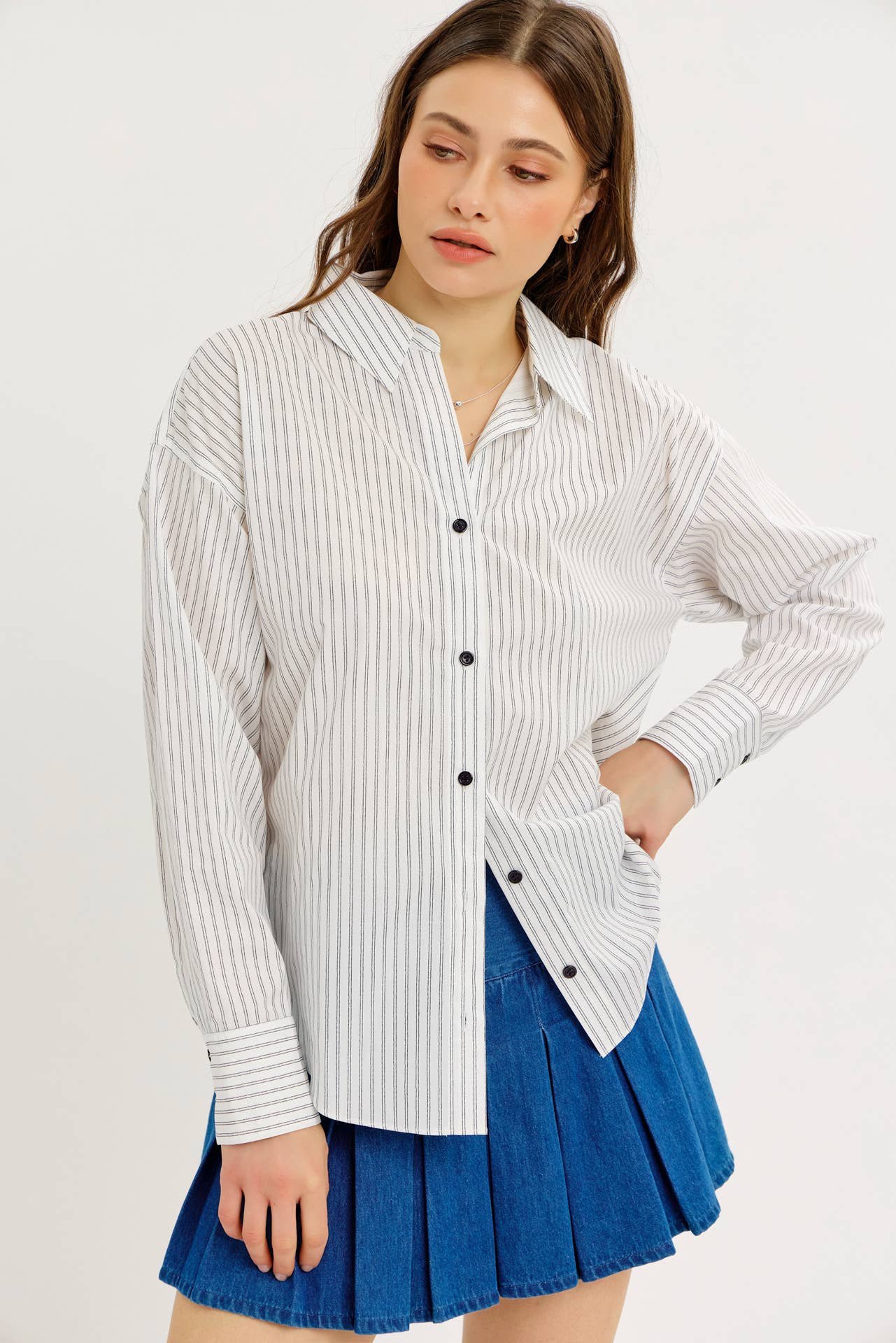 COTTON STRIPE BUTTON-DOWN SHIRT WITH LAPEL COLLAR