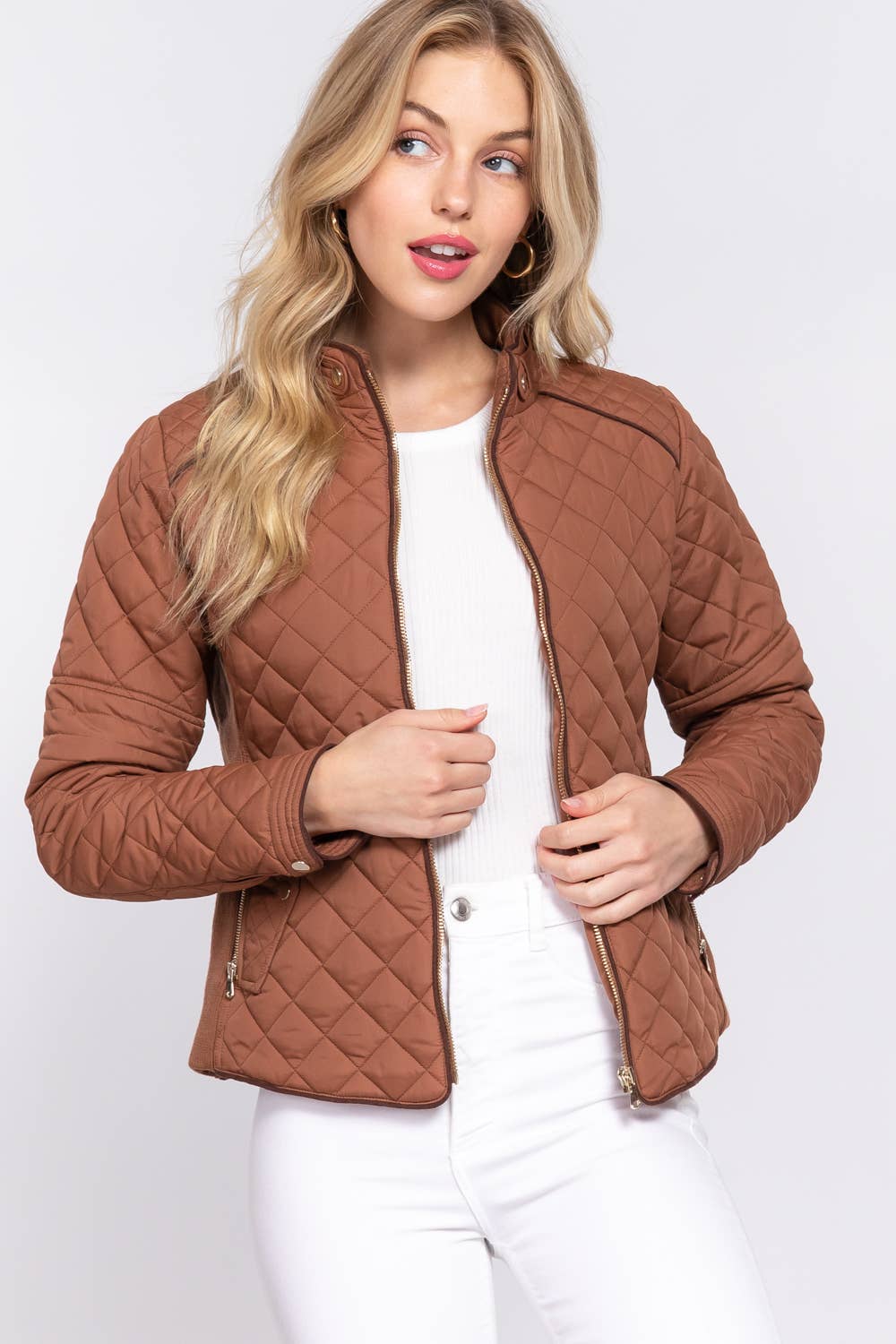 Suede Piping Detail Rib Quilted Padding Jacket
