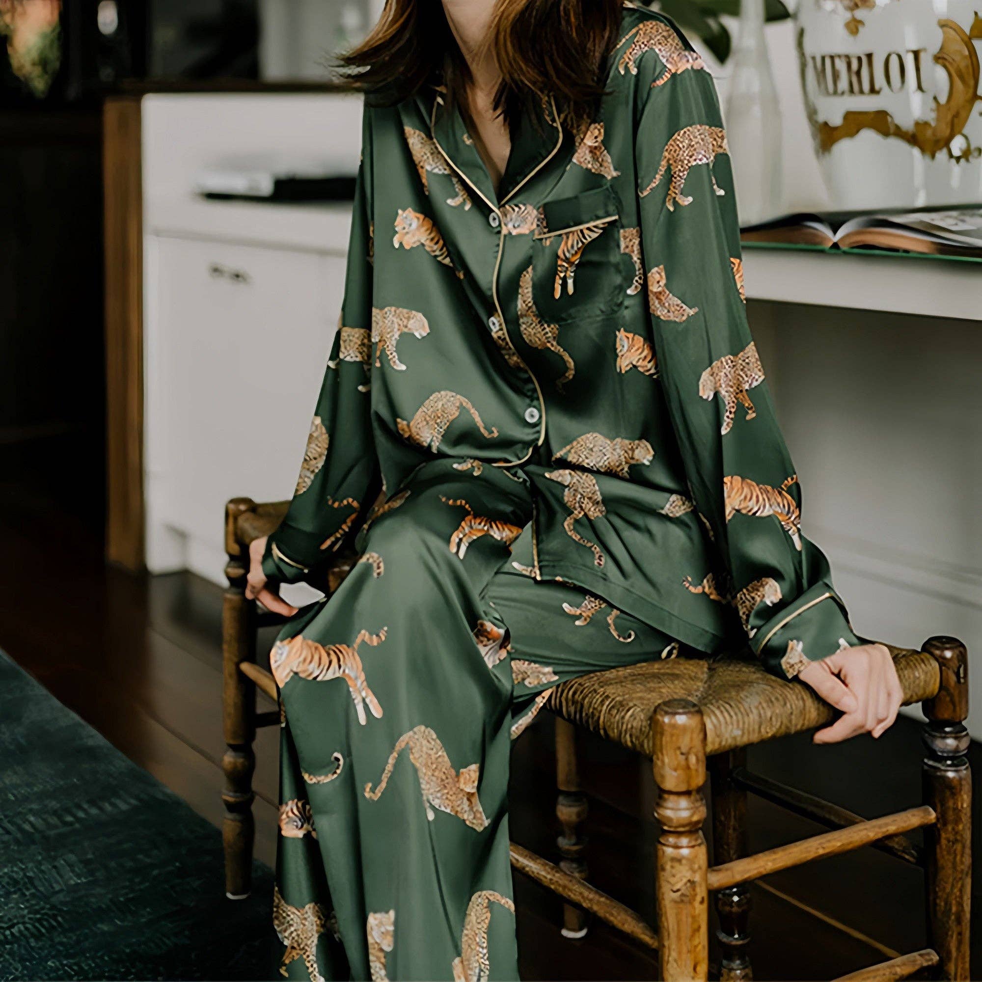 tiger lily pyjamas Anna-Kaci Lounge Women's Long Sleeve Button Front Pajama Set with Tiger Print and Satin Finish, Medium 8-10 / Olive Green