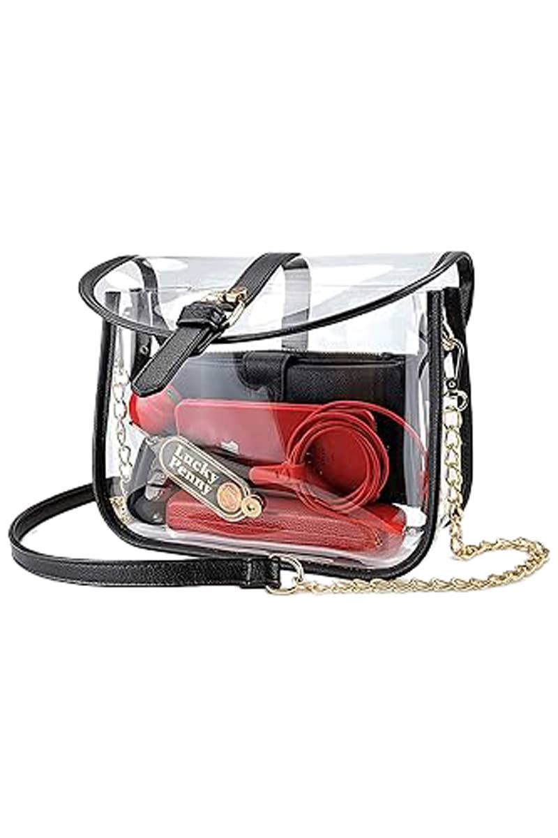 Faux Leather Trim Clear PVC Front Flap Purse Bag: Black