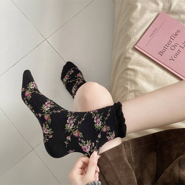 5 Pairs Women Casual Rolled Cuff Floral Socks