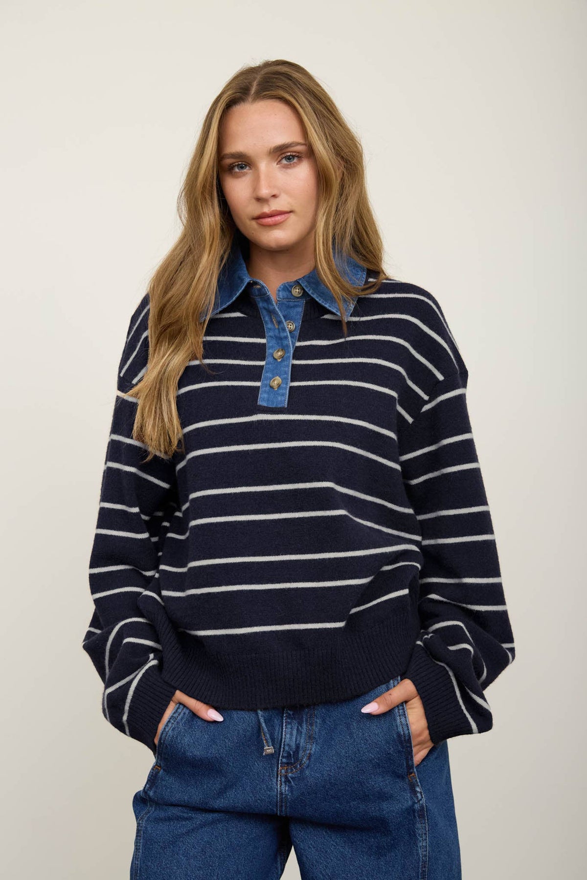 Denim Collar striped Sweater