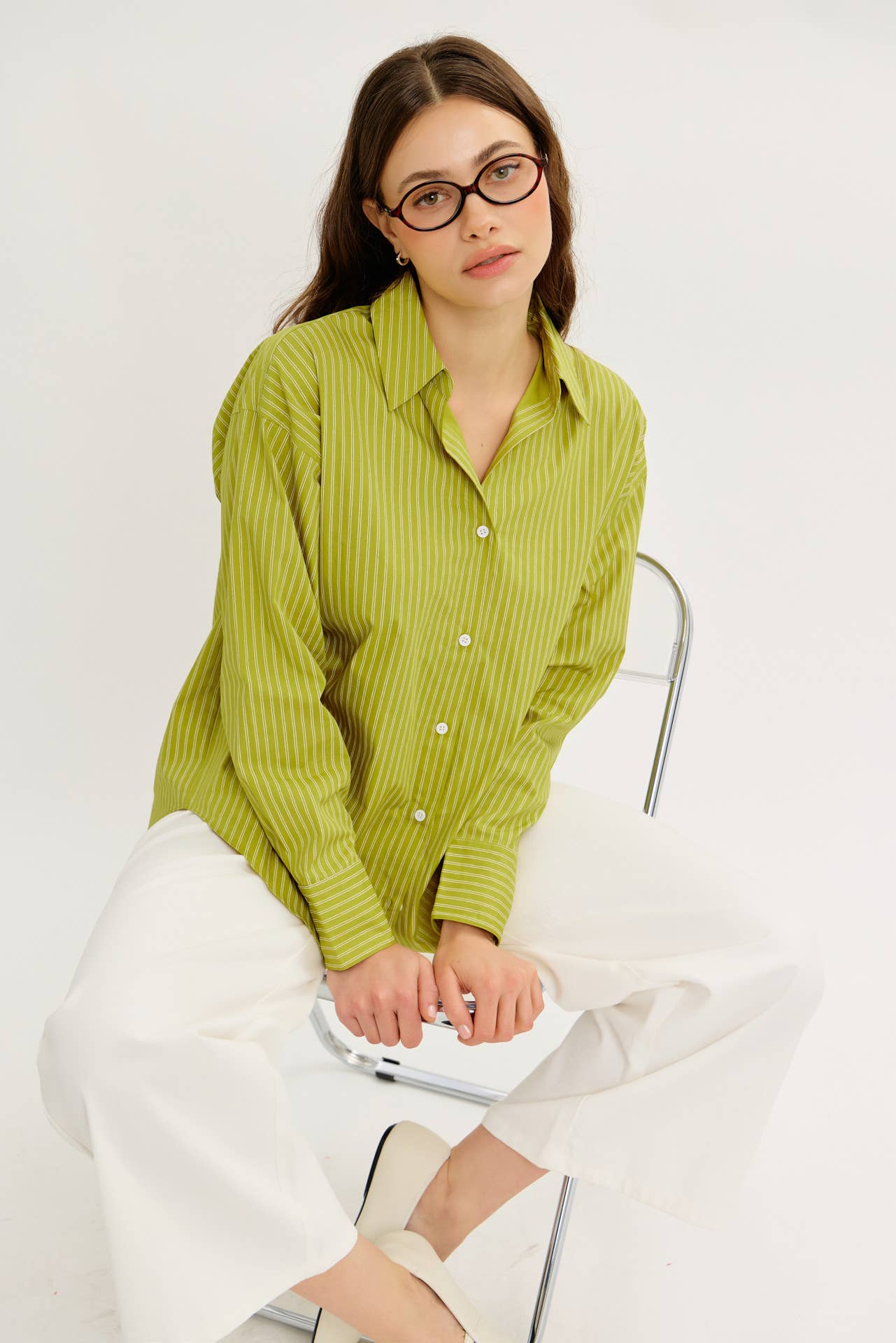 COTTON STRIPE BUTTON-DOWN SHIRT WITH LAPEL COLLAR