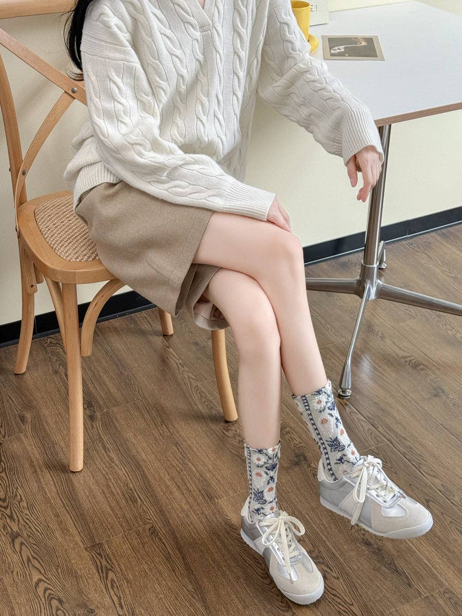 Vintage Style Floral Crew Socks (5 Pairs)