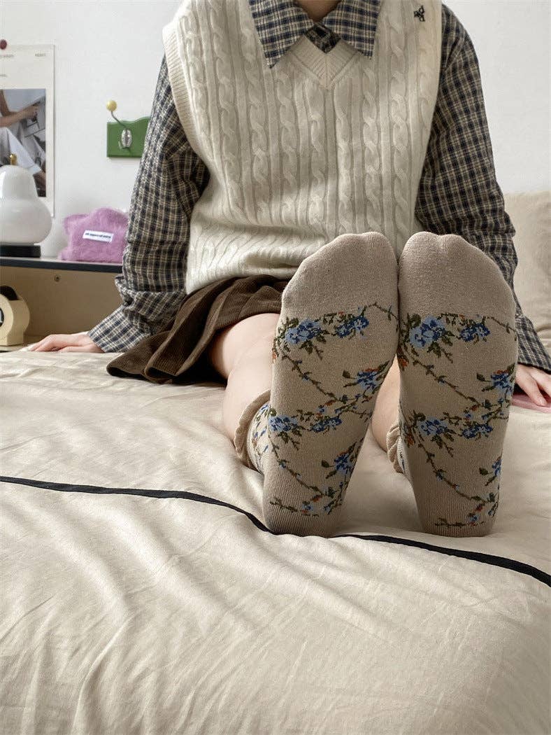 5 Pairs Women Casual Rolled Cuff Floral Socks