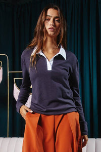 Contrast Collared Neck Solid Crop Top