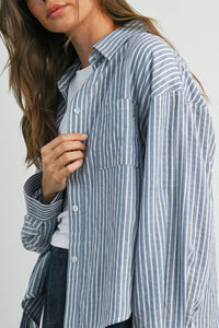 Striped Button-Up Collared Long Sleeve Top - Blue